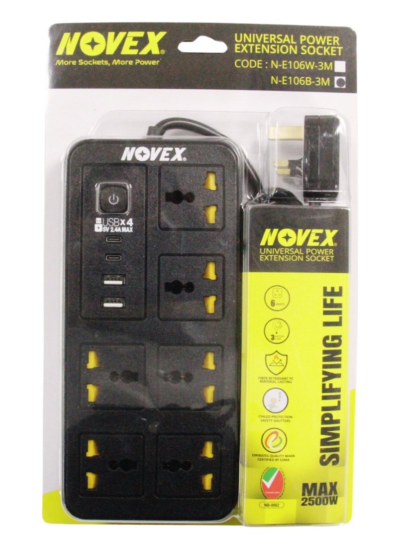 NOVEX N-E106B-3M 6-Way Universal Extension Socket with 2 USB-A + 2 USB-C | 3 Meter Heavy-Duty Cable | Black - Image 5